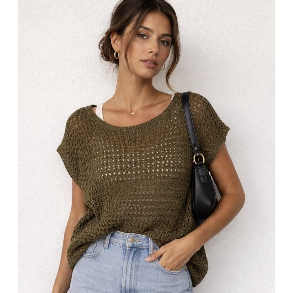 $1498 LAFAYETTE 148 OPEN KNIT CASHMERE SWEATER SIZE LARGE GREEN Sequin Metallic